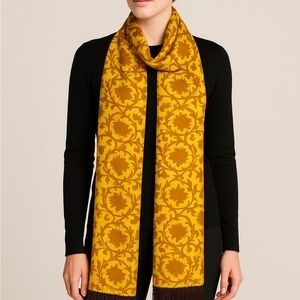 Shanghai Tang 100% Silk Damask Fringe Scarf – Gold & Brown